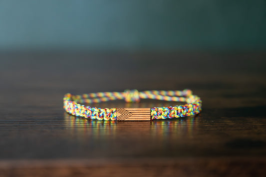 Progress Pride Flag Reclaimed Wood & Macramé Bracelet