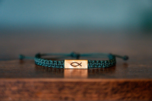 Ichthys Reclaimed Wood & Macramé Christian Fish Bracelet